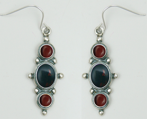 Sterling Silver Drop Dangle Earrings With Bloodstone And Red Tiger Eye